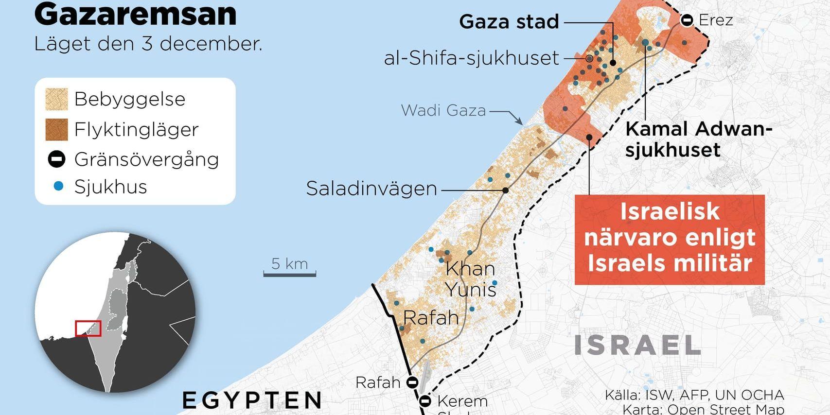 Kartan visar den omringning av Gaza stad som den israeliska militären påstår sig ha genomfört.