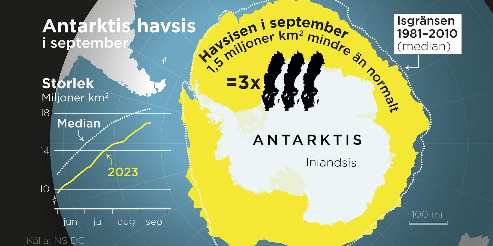 Havsisens yta i september jämfört med medianvärdet (1981–2010).