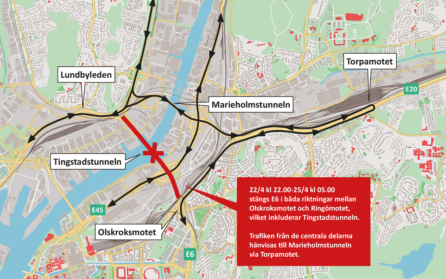 Under avstängningen leds all trafik, förutom den från de centrala delarna av Göteborg, om till Söderleden, Västerleden och Norrleden via Älvsborgsbron, medan trafiken från centrum istället hänvisas till Marieholmstunneln.