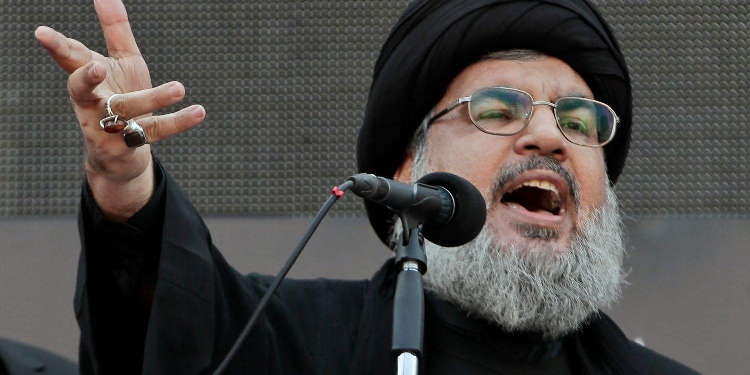 Hassan Nasrallah vid ett av få tal han hållit ute bland allmänheten på senare år, i Beirut 2013.