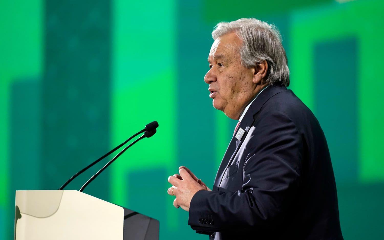 FN:s generalsekreterare Antonio Guterres talar under COP28 i Dubai i december 2023. 