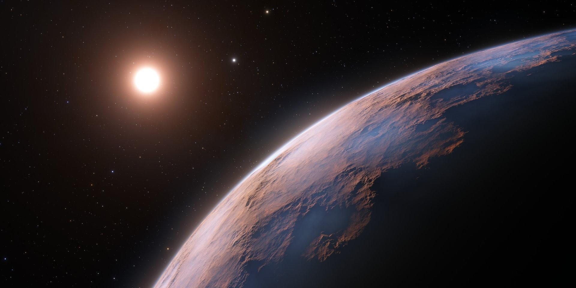 Exoplaneten Proxima d med sin moderstjärna, den röda dvärgstjärnan Proxima Centauri, i bakgrunden enligt en konstnärs bild.