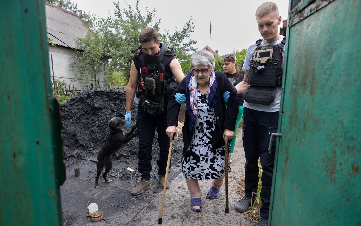 Galina, 82, evakueras från hemmet utanför Pokrovsk. Hennes hund försöker få ett sista farväl innan transporten till evakueringståget.